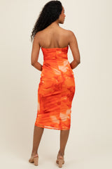 Orange Mesh Abstract Print Strapless Midi Dress