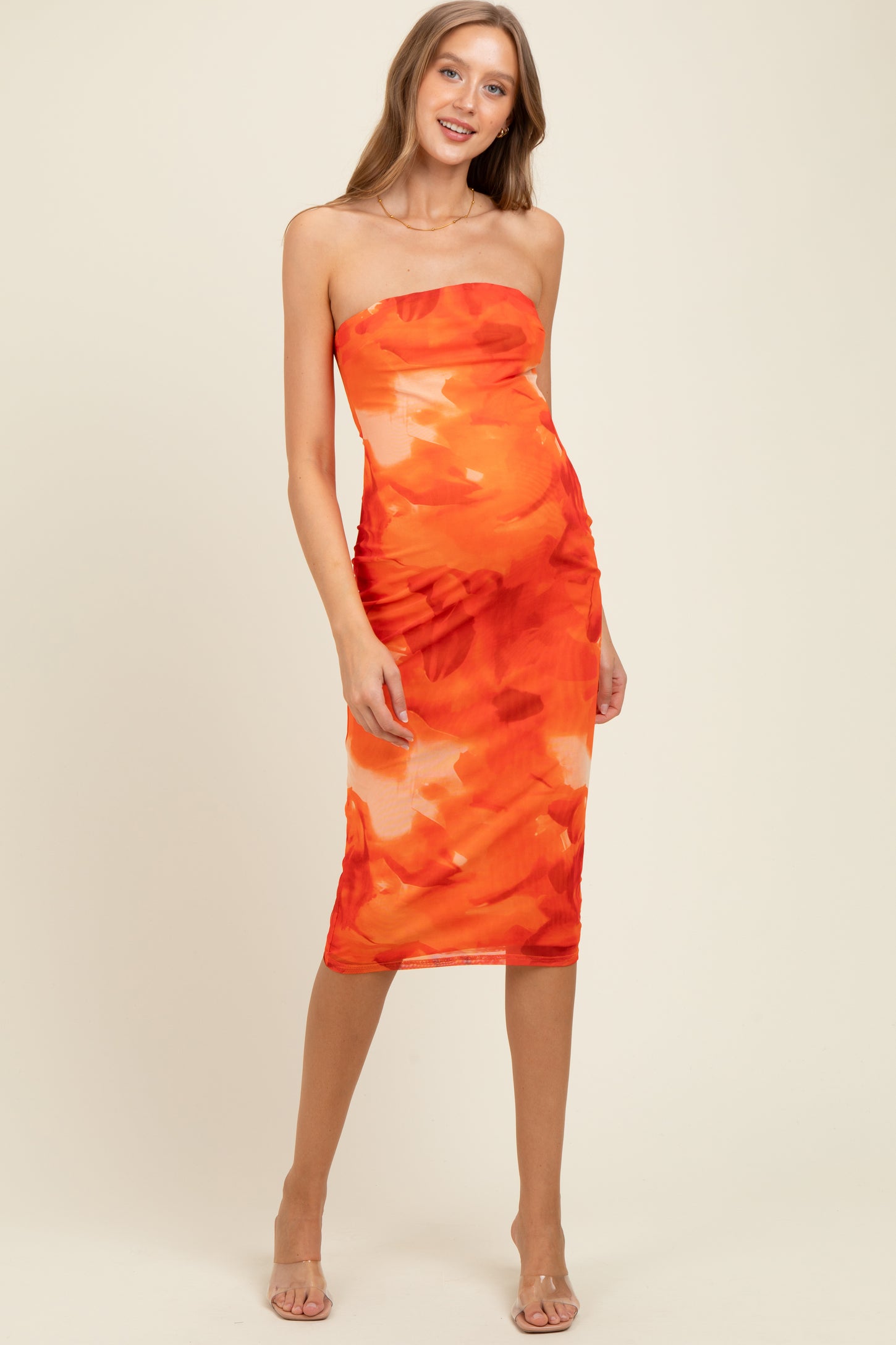 Orange Mesh Abstract Print Strapless Maternity Midi Dress Orange Mesh Abstract Print Strapless Maternity Midi Dress
