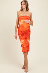 Orange Mesh Abstract Print Strapless Maternity Midi Dress