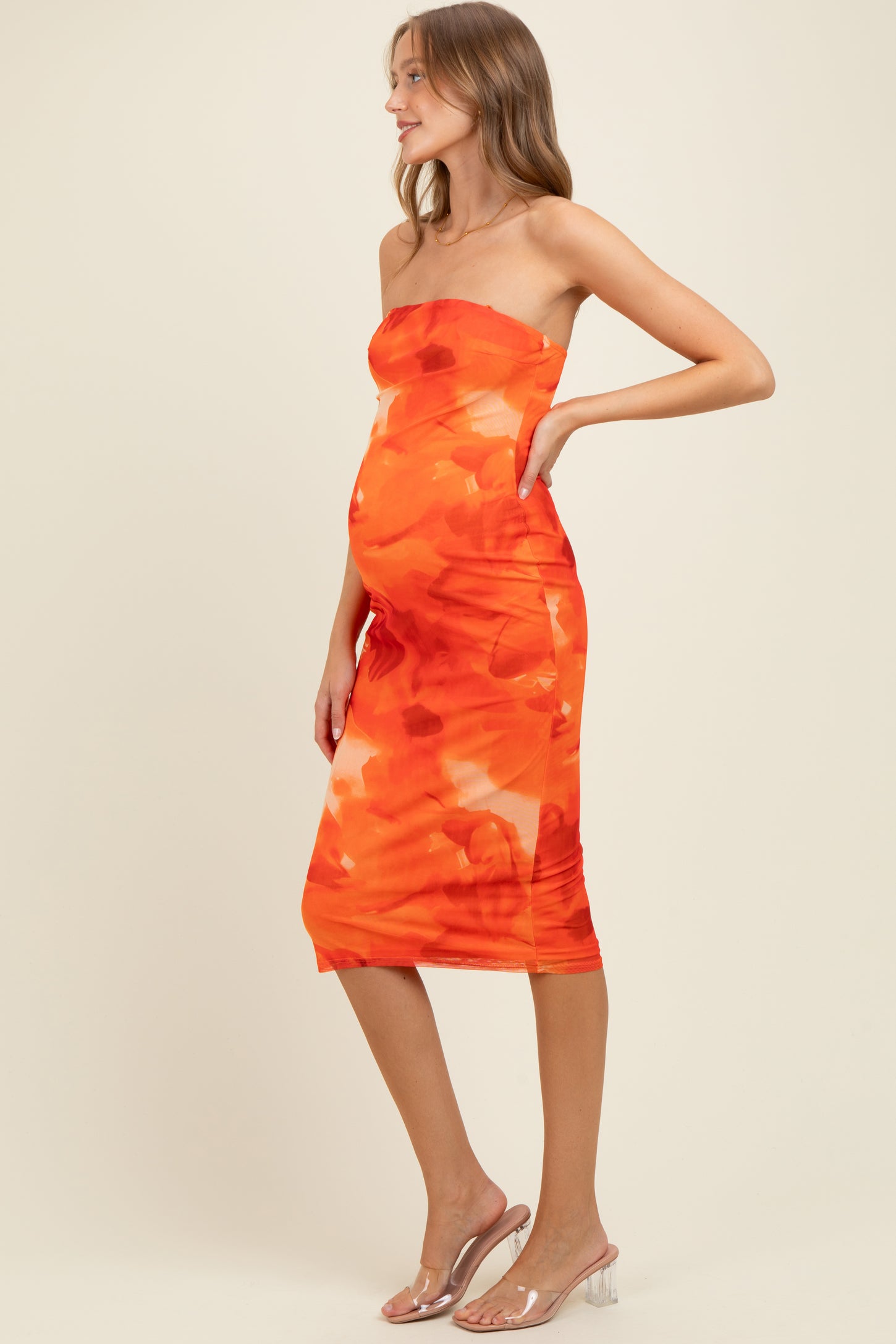 Orange Mesh Abstract Print Strapless Maternity Midi Dress