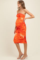 Orange Mesh Abstract Print Strapless Maternity Midi Dress