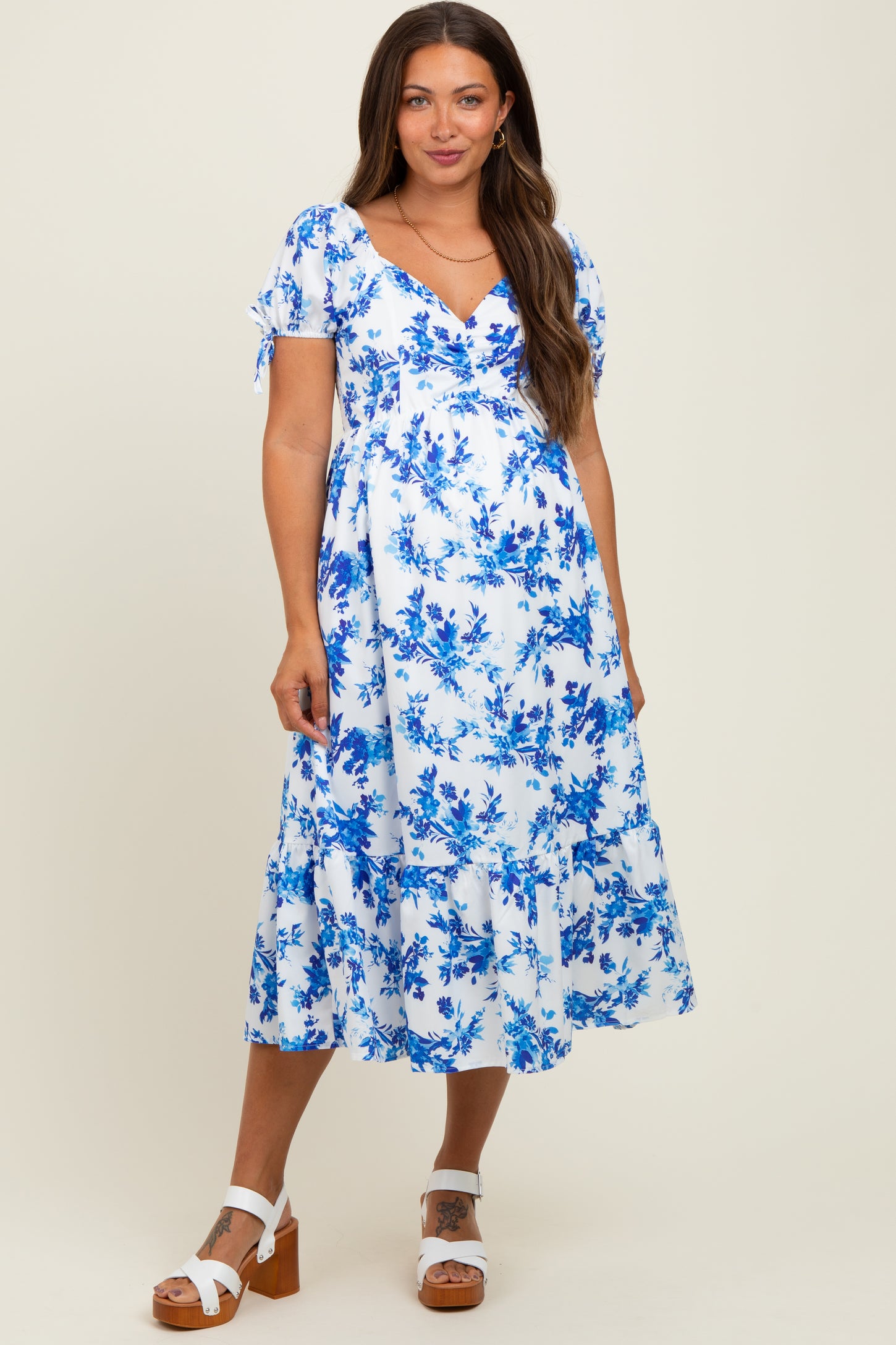 Blue Floral Puff Sleeve Tie Maternity Midi Dress