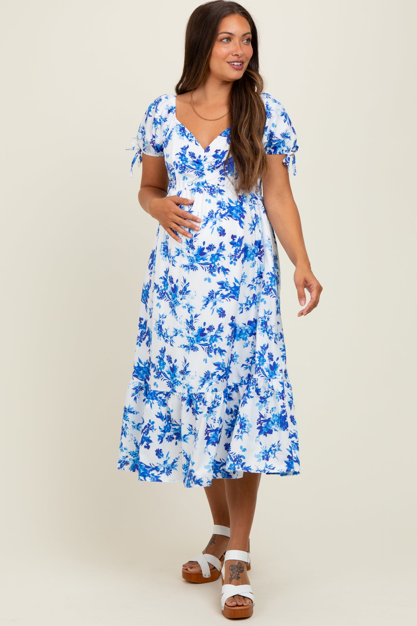 Blue Floral Puff Sleeve Tie Maternity Midi Dress