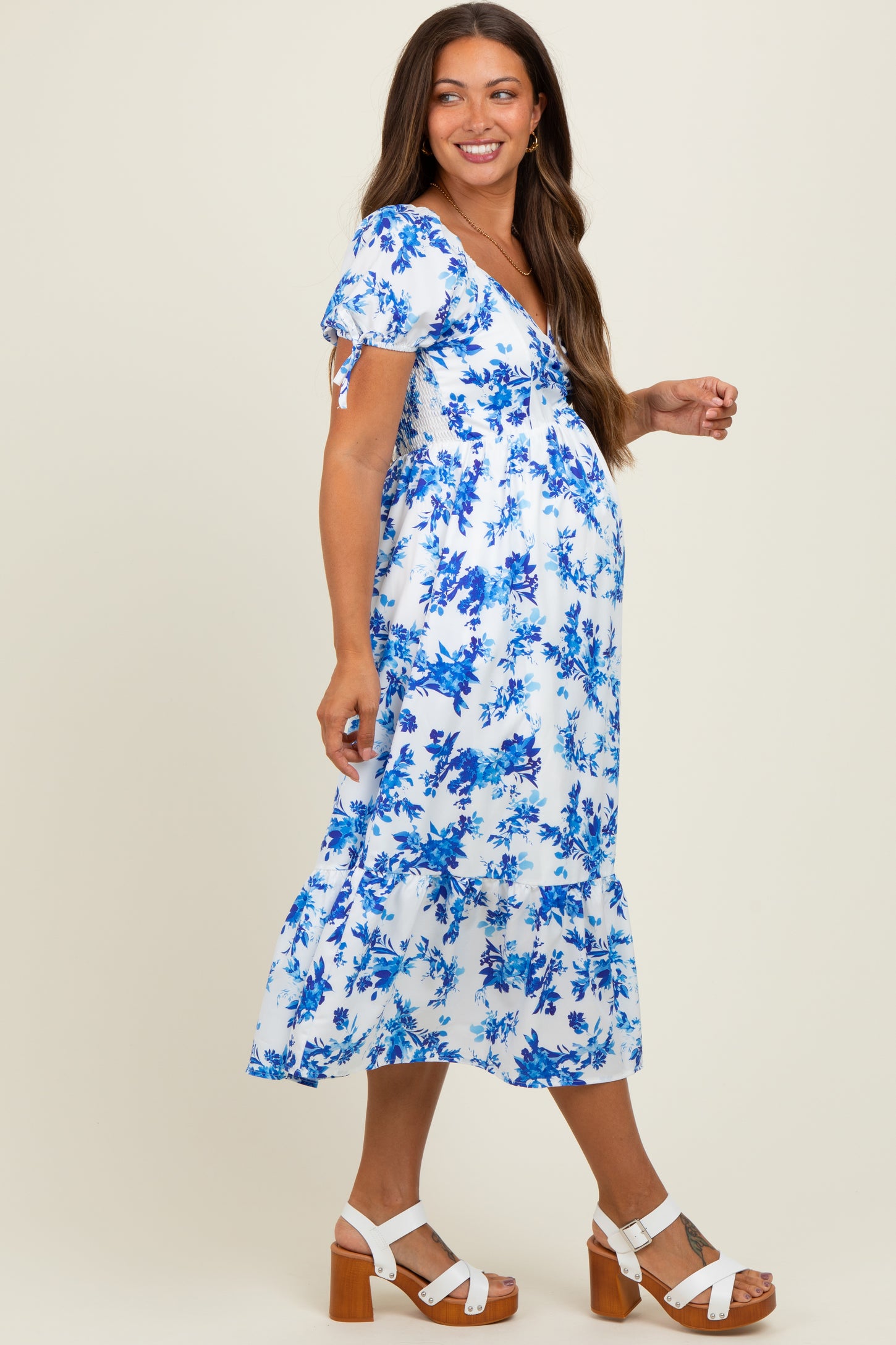 Blue Floral Puff Sleeve Tie Maternity Midi Dress