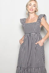 Black Gingham Ruffle Strap Midi Dress
