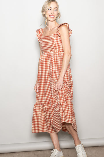 Rust Gingham Ruffle Strap Midi Dress
