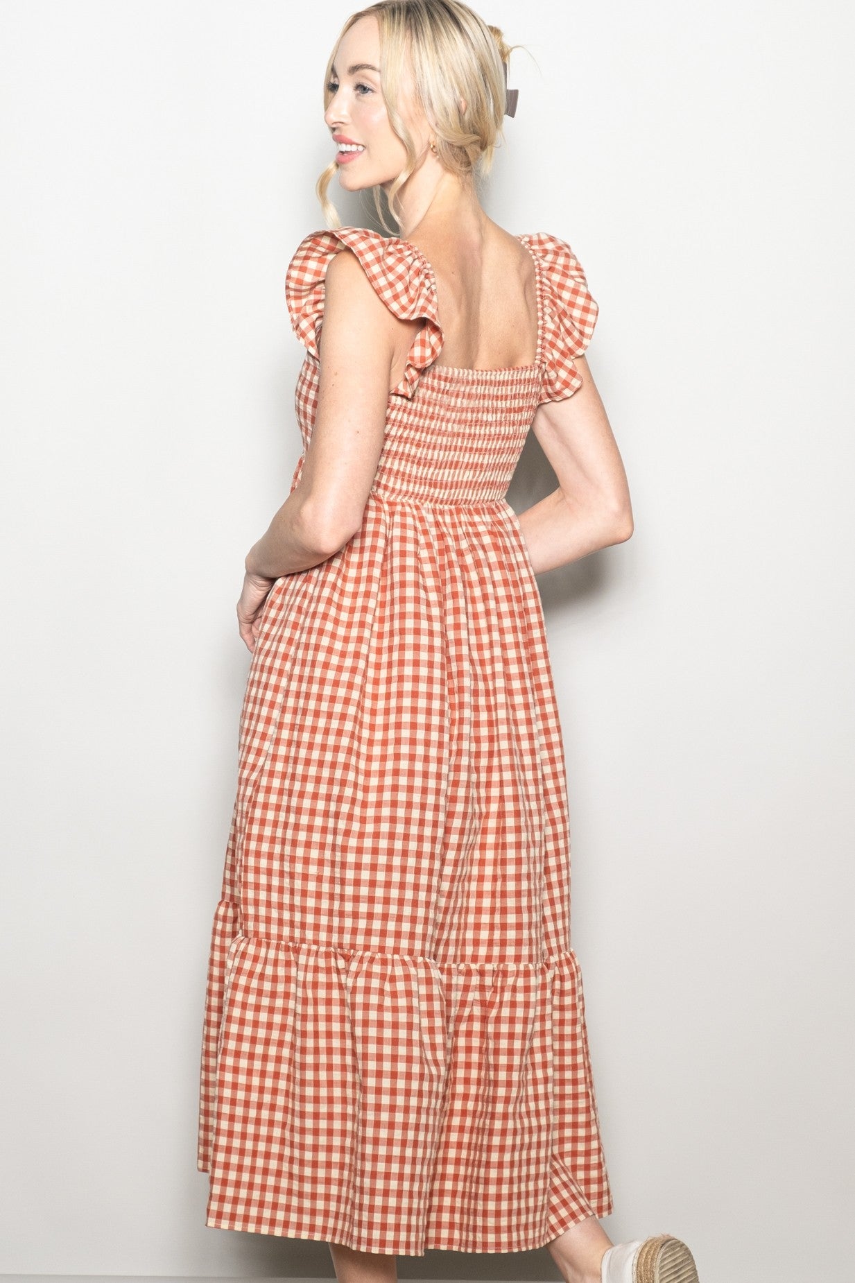 Rust Gingham Ruffle Strap Midi Dress