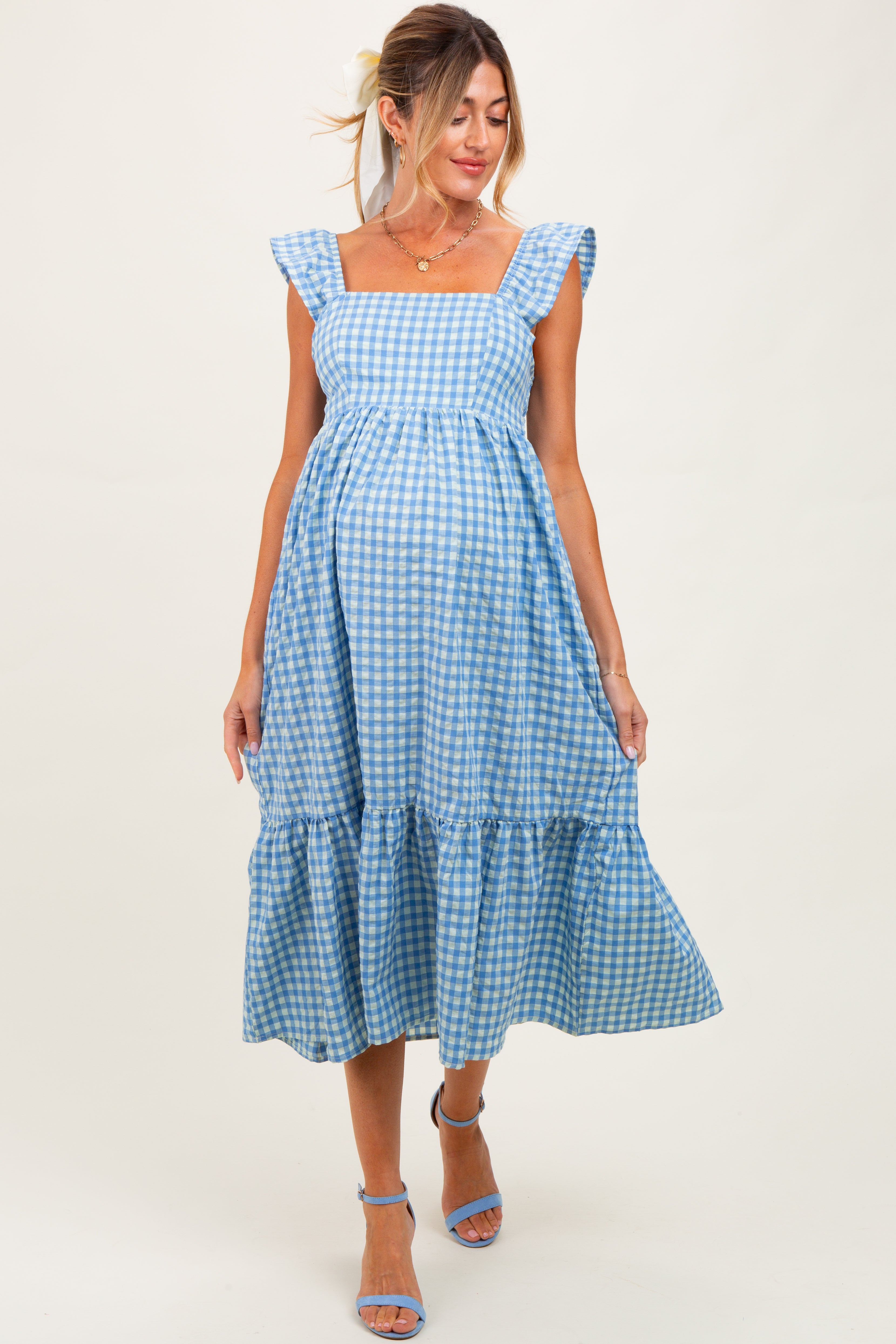 Blue Gingham Ruffle Strap Maternity Midi Dress – PinkBlush