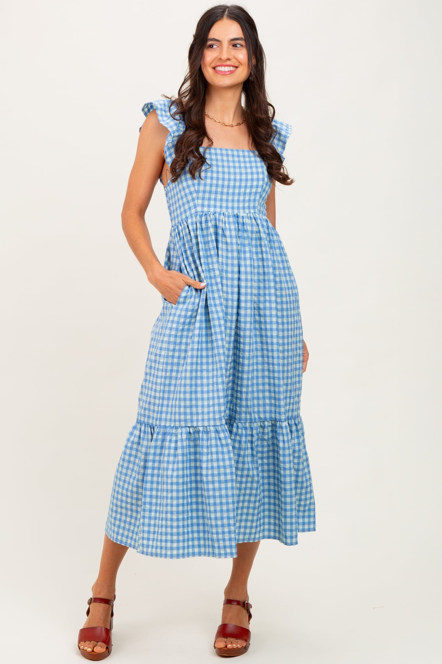 Blue Gingham Ruffle Strap Maternity Midi Dress – PinkBlush