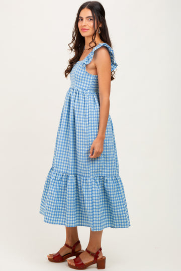 Blue Gingham Ruffle Strap Midi Dress