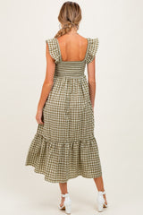 Olive Gingham Ruffle Strap Maternity Midi Dress