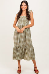 Olive Gingham Ruffle Strap Maternity Midi Dress