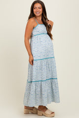 Blue Cotton Floral Maternity Maxi Dress