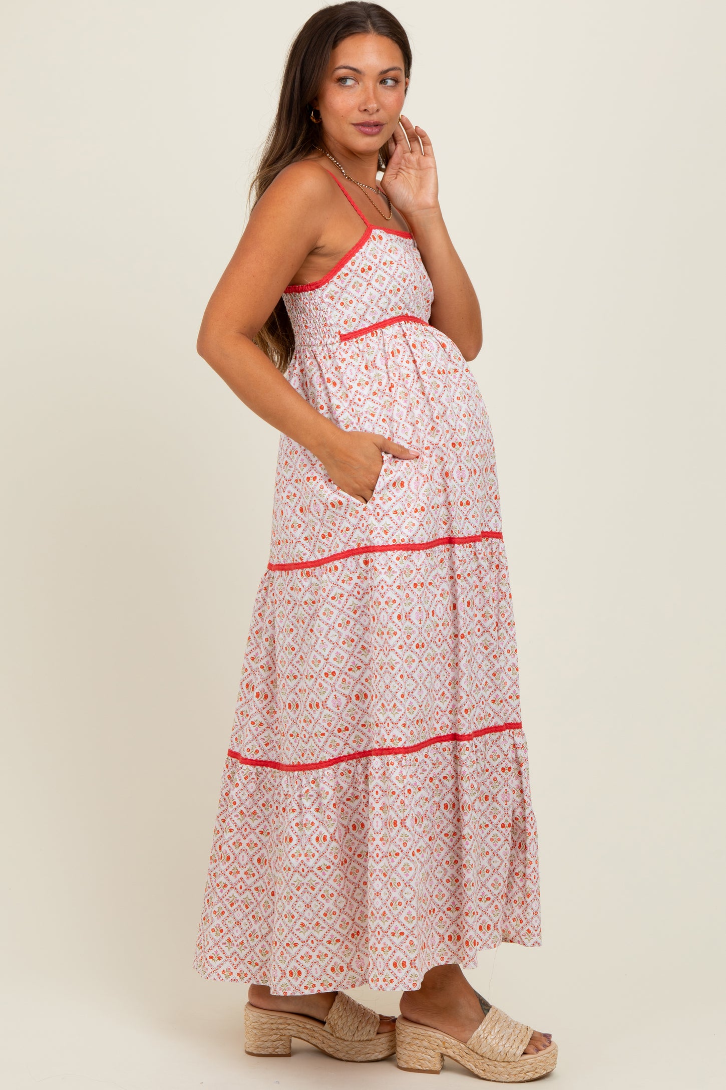 Coral Cotton Floral Maternity Maxi Dress