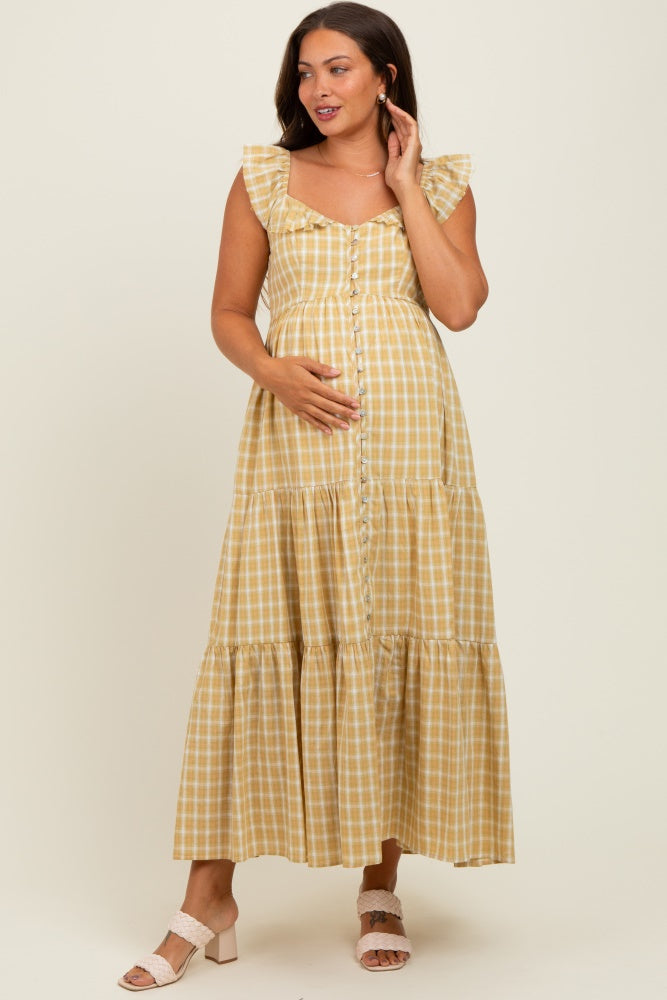 Mustard Cotton Plaid Maternity Maxi Dress