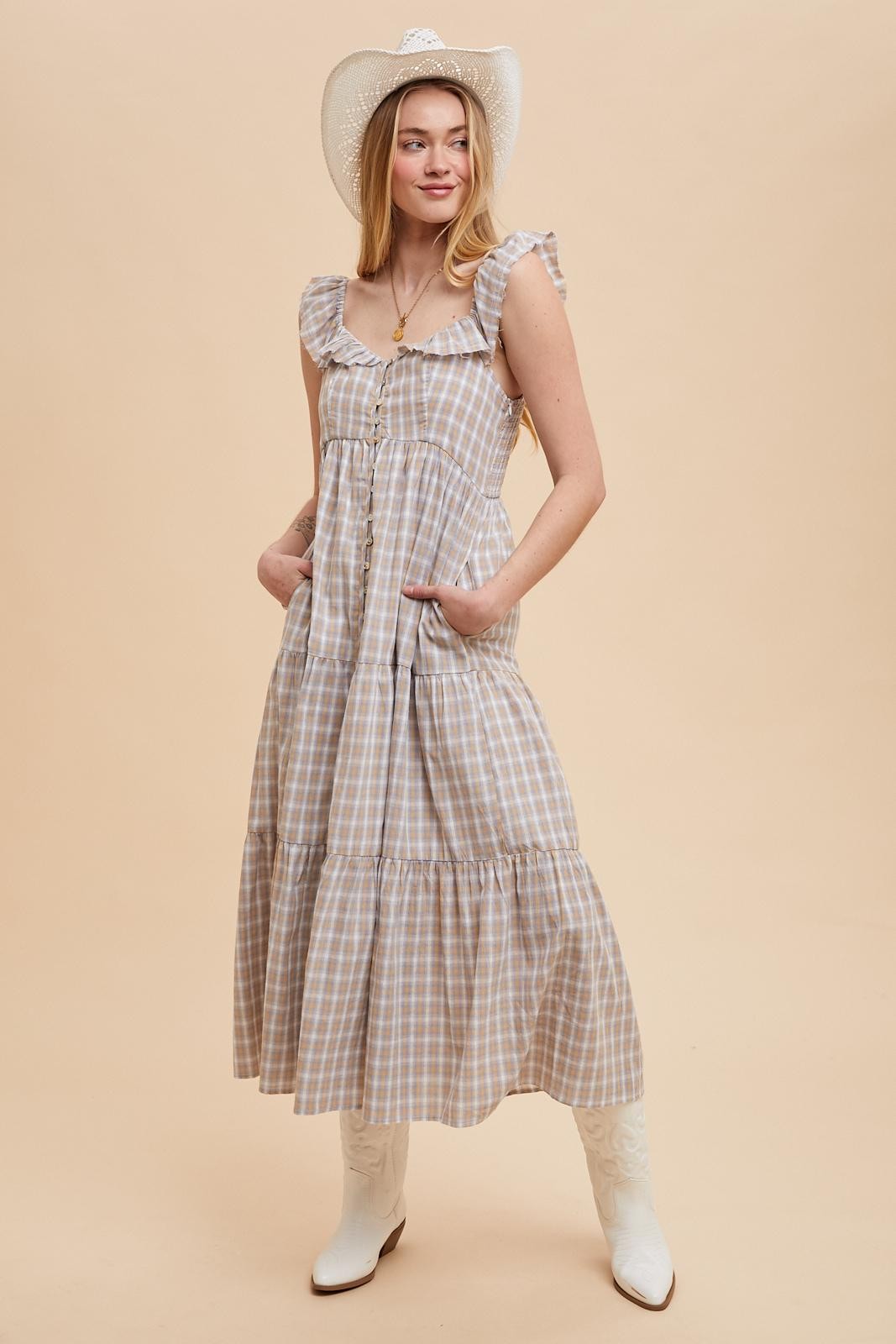 Light Blue Cotton Plaid Maternity Maxi Dress