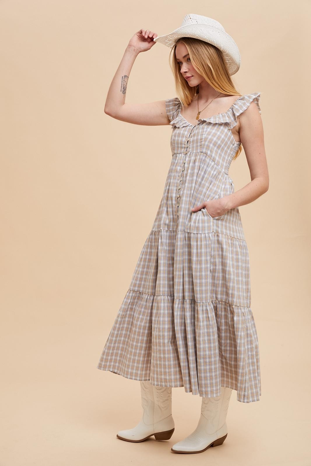 Light Blue Cotton Plaid Maxi Dress