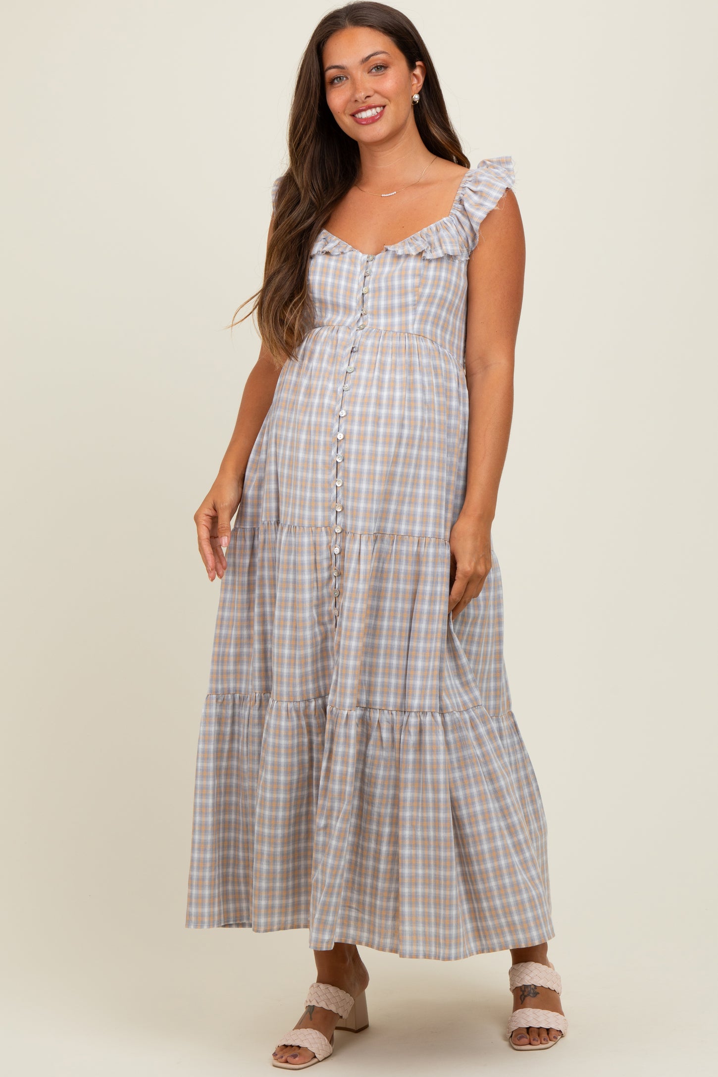 blue plaid maternity dress Navy Plaid Puff Sleeve Maternity Midi Dress PinkBlush