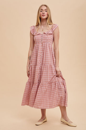 Mauve Cotton Plaid Maxi Dress