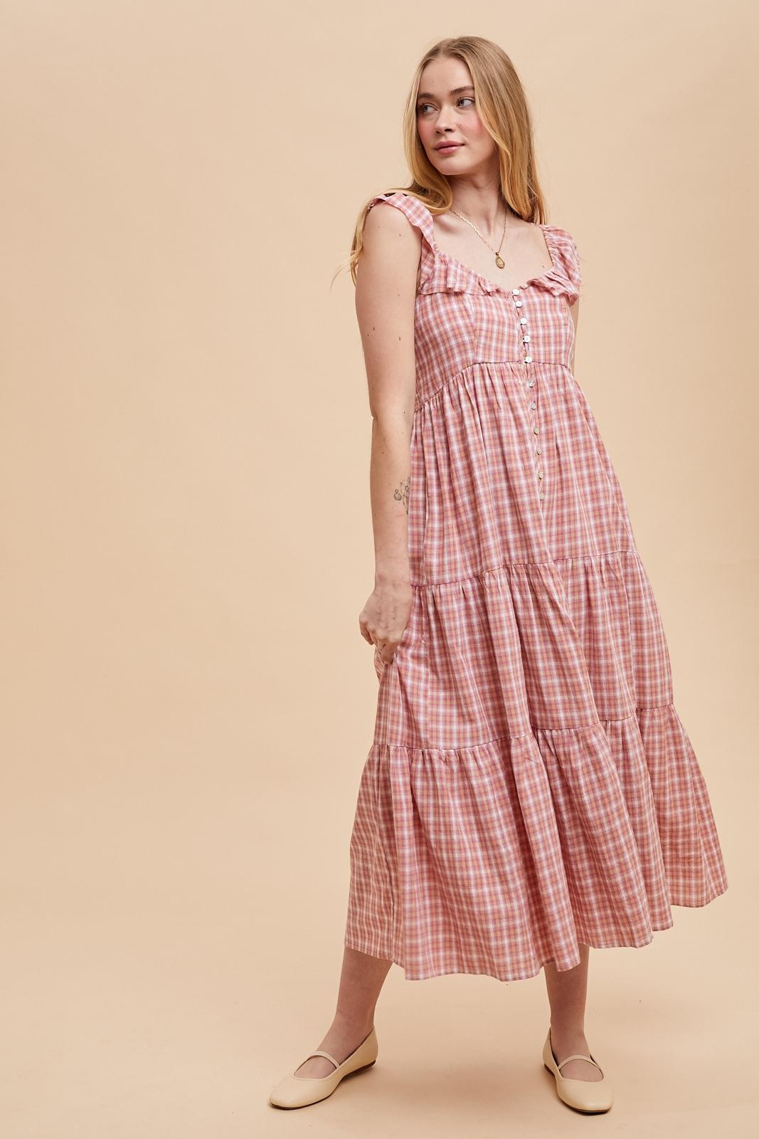 Mauve Cotton Plaid Maxi Dress