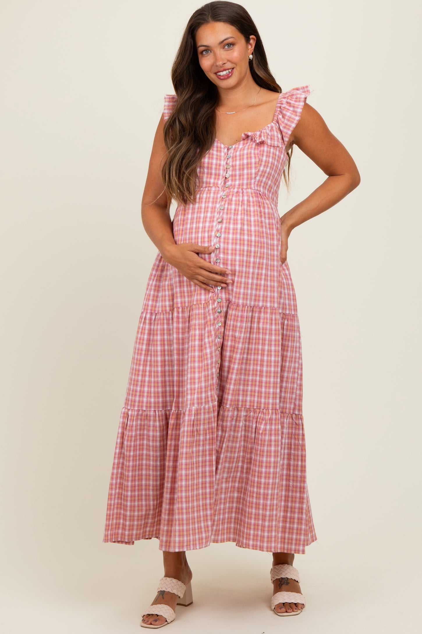 Mauve Cotton Plaid Maternity Maxi Dress