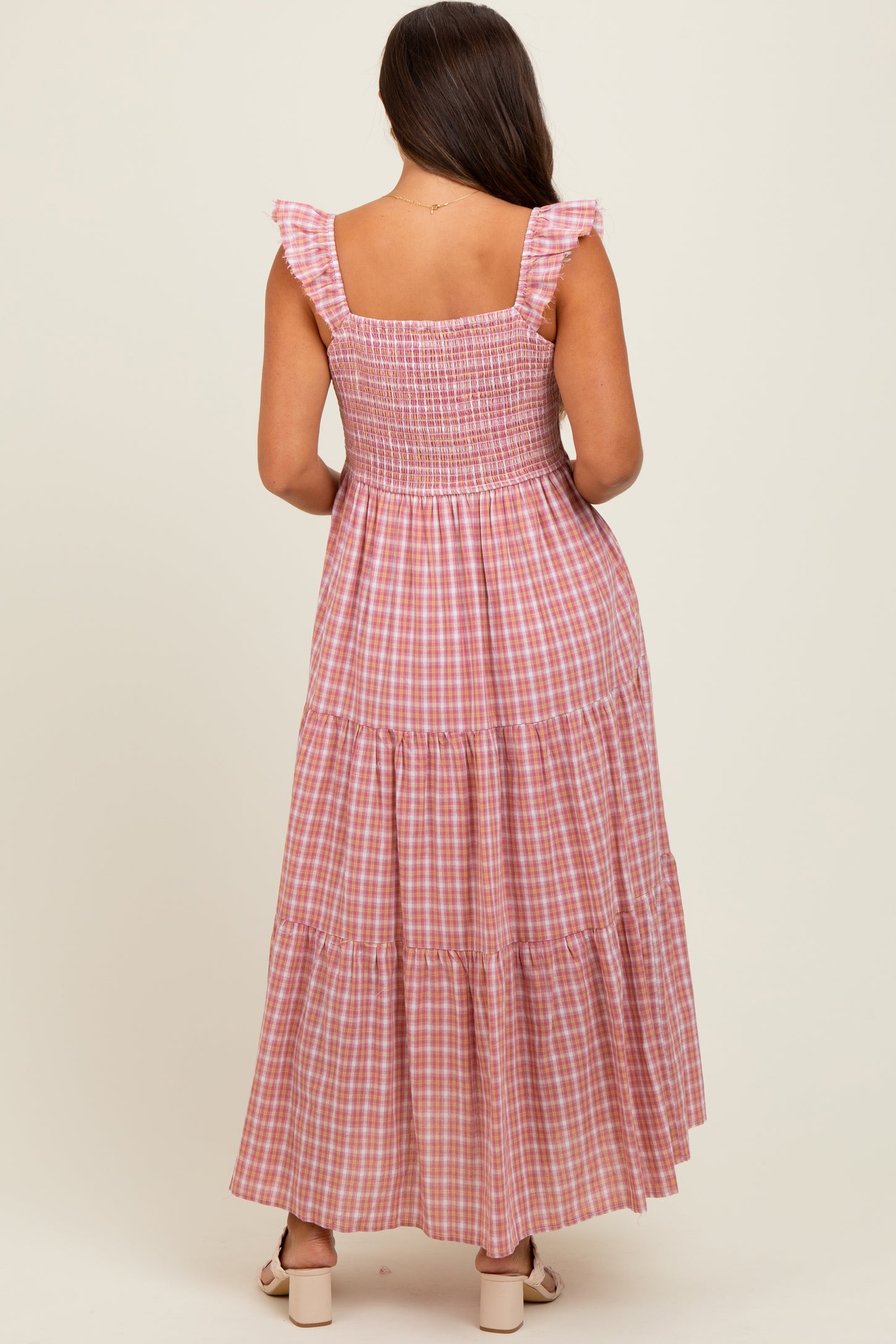 Mauve Cotton Plaid Maternity Maxi Dress