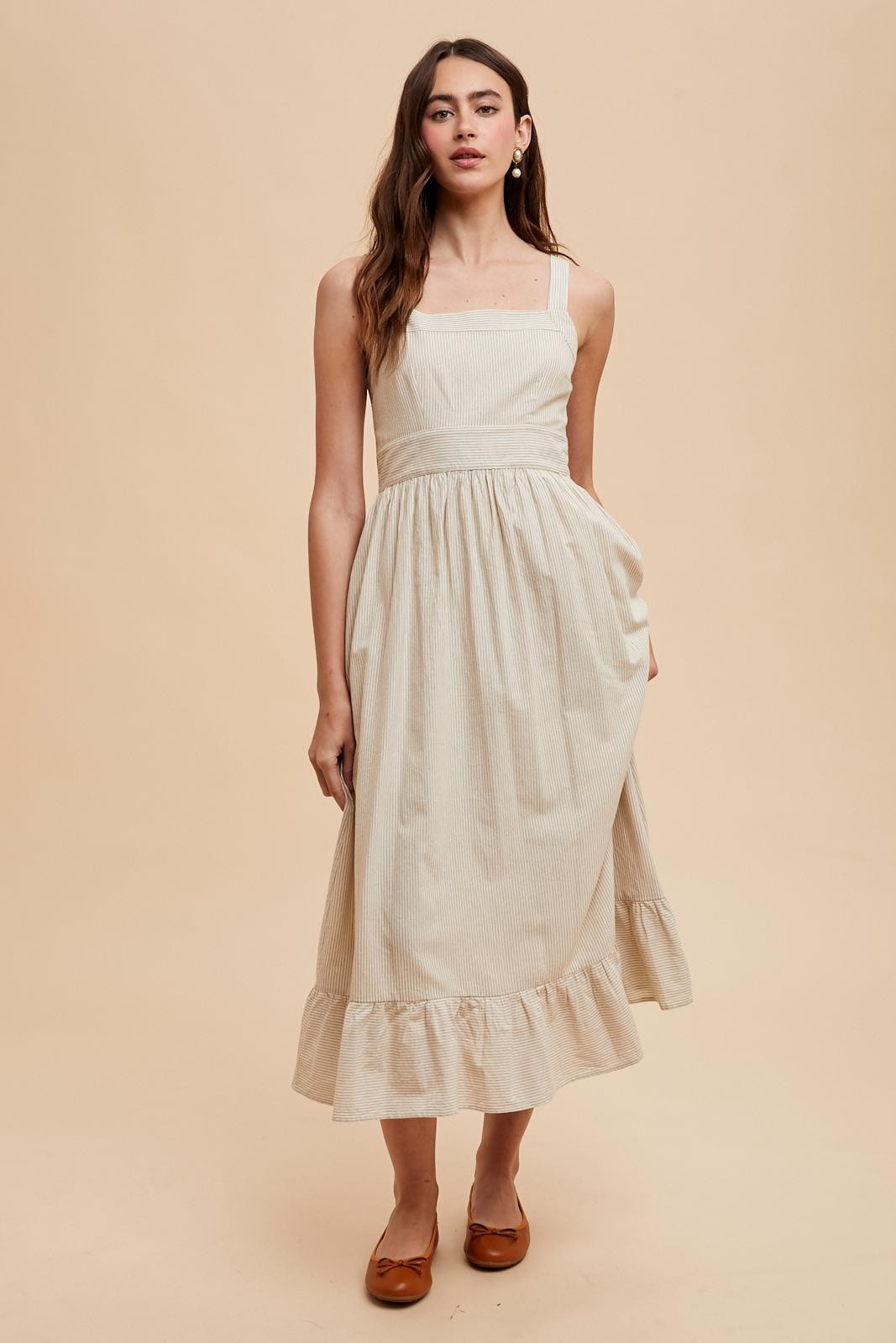 Beige Striped Cotton Sleeveless Dress  PinkBlush