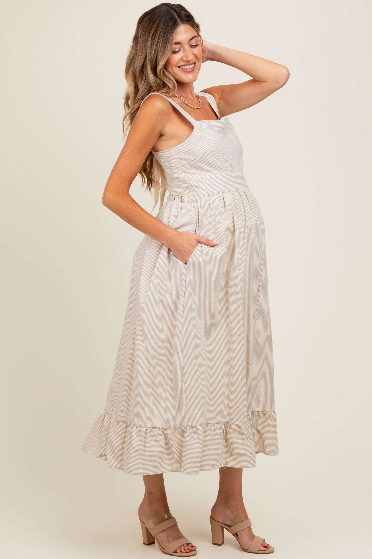 Beige Striped Cotton Sleeveless Maternity Dress – PinkBlush