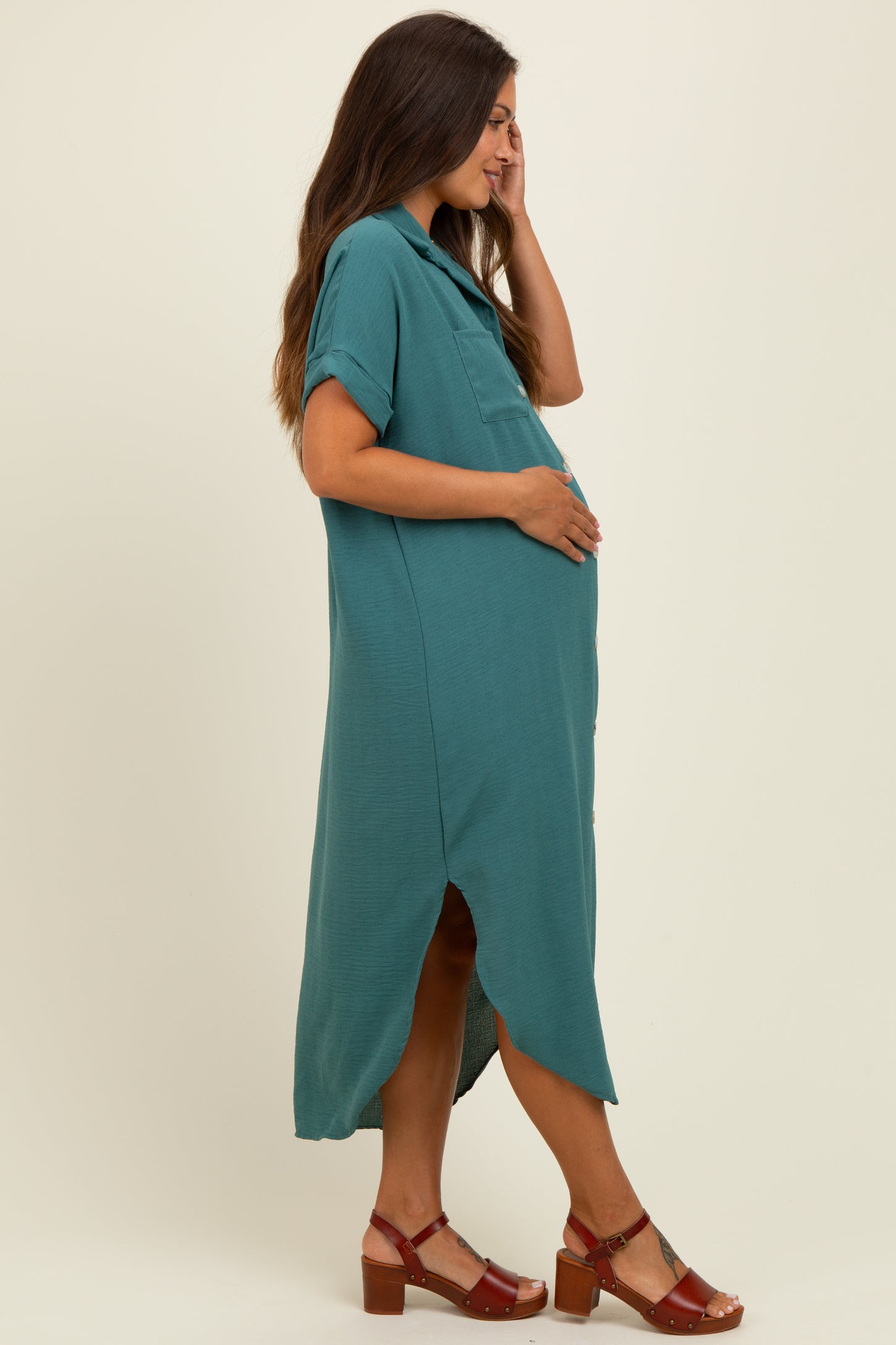 Teal Button Down Hi Low Maternity Maxi Dress