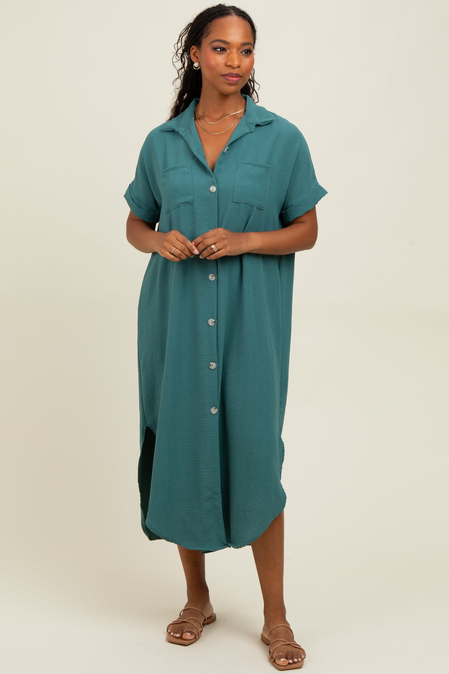 Teal Button Down Hi Low Maxi Dress