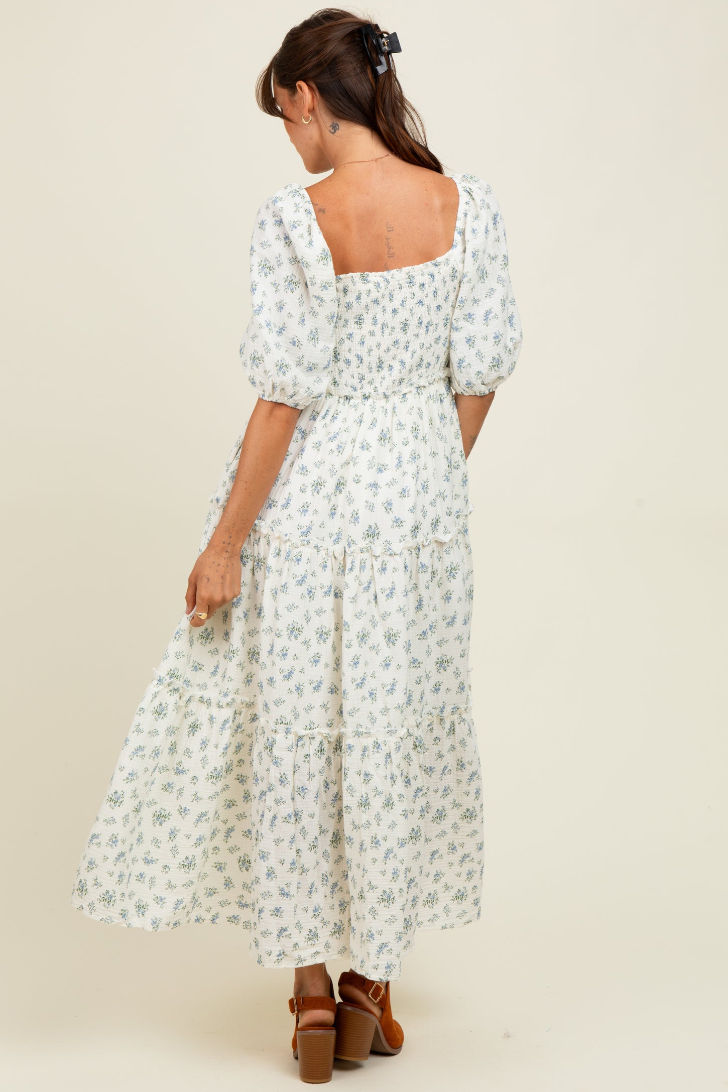 ruffled tiered maxi dress Ruffle 33.0 CARE Hand Wash Cold Blue Floral Smocked Ruffle Tiered