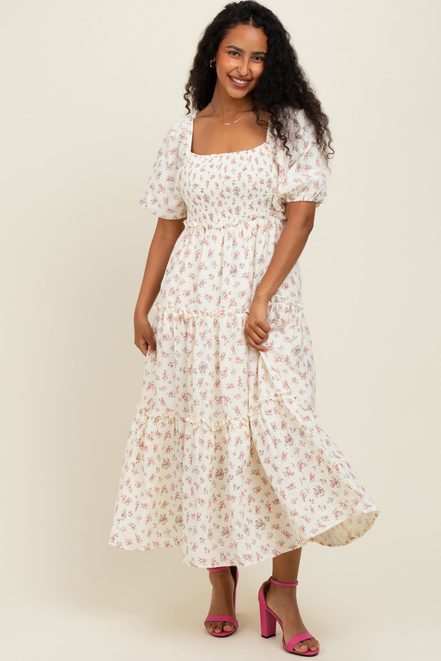 pink blush maternity floral maxi dress Inflorescence | Blush PINK Mesh Floral Bardot Maternity Maxi Dress