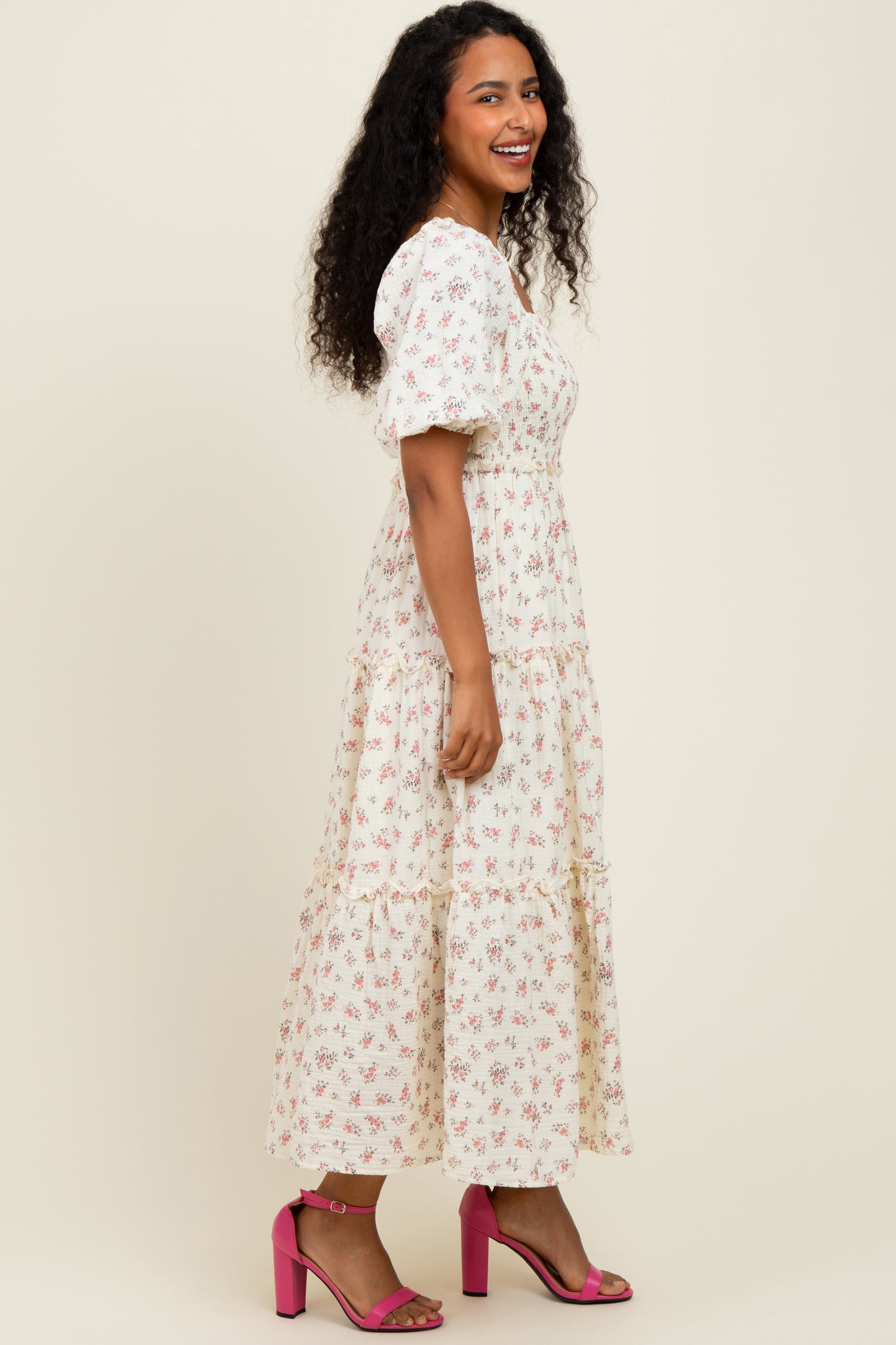 Pink Floral Smocked Ruffle Tiered Maxi Dress