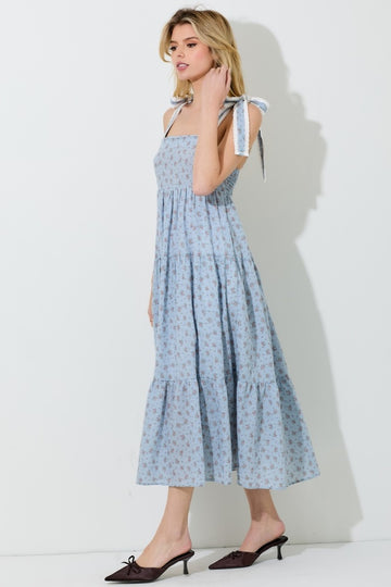 Blue Floral Gingham Shoulder Tie Midi Dress