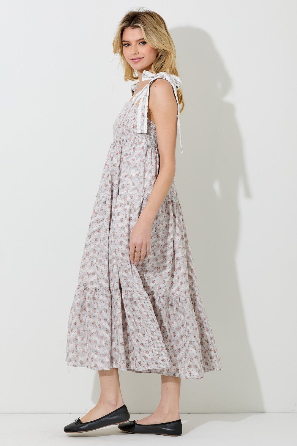 Light Taupe Floral Gingham Shoulder Tie Midi Dress