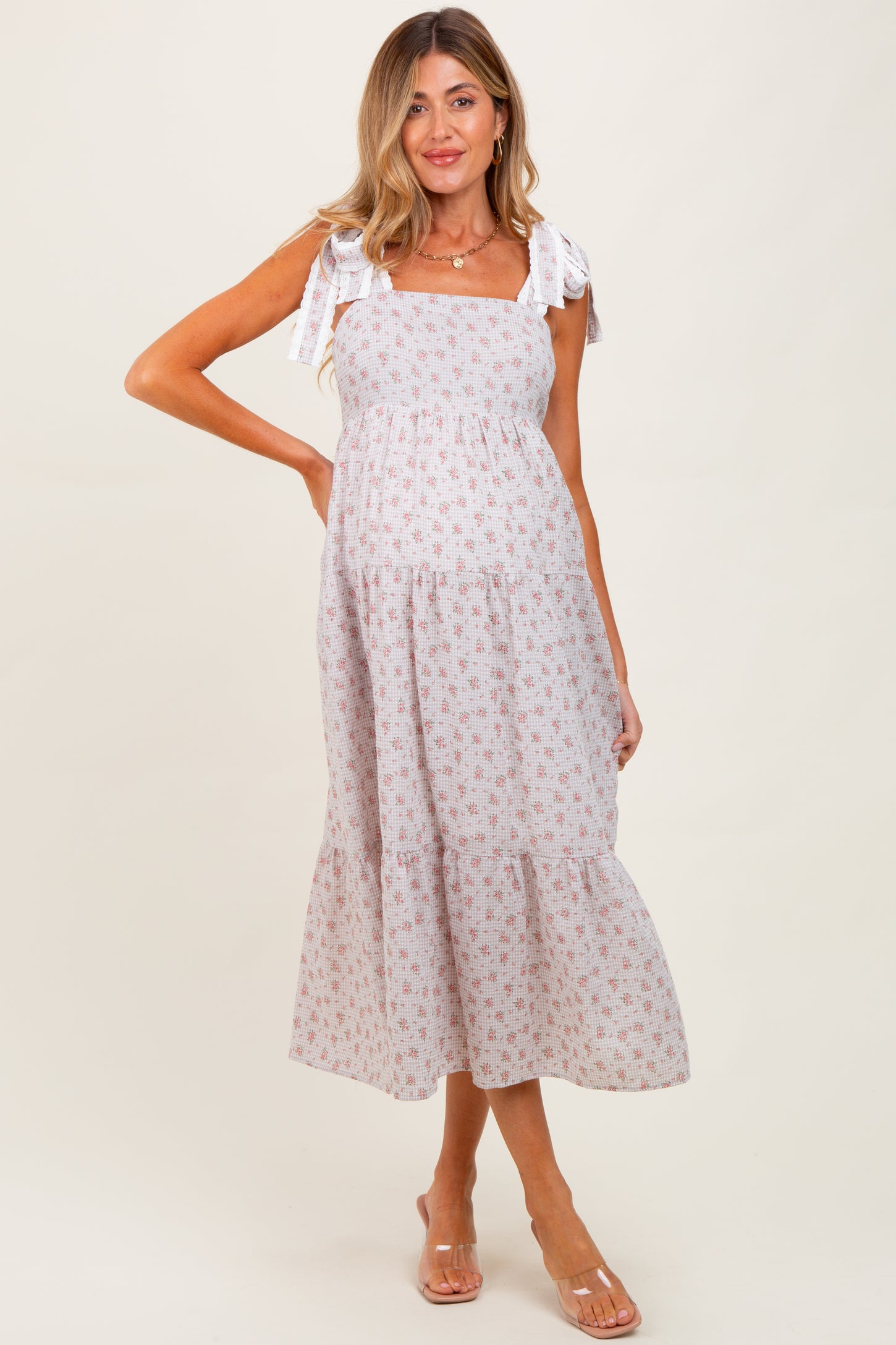 Light Taupe Floral Gingham Shoulder Tie Maternity Midi Dress