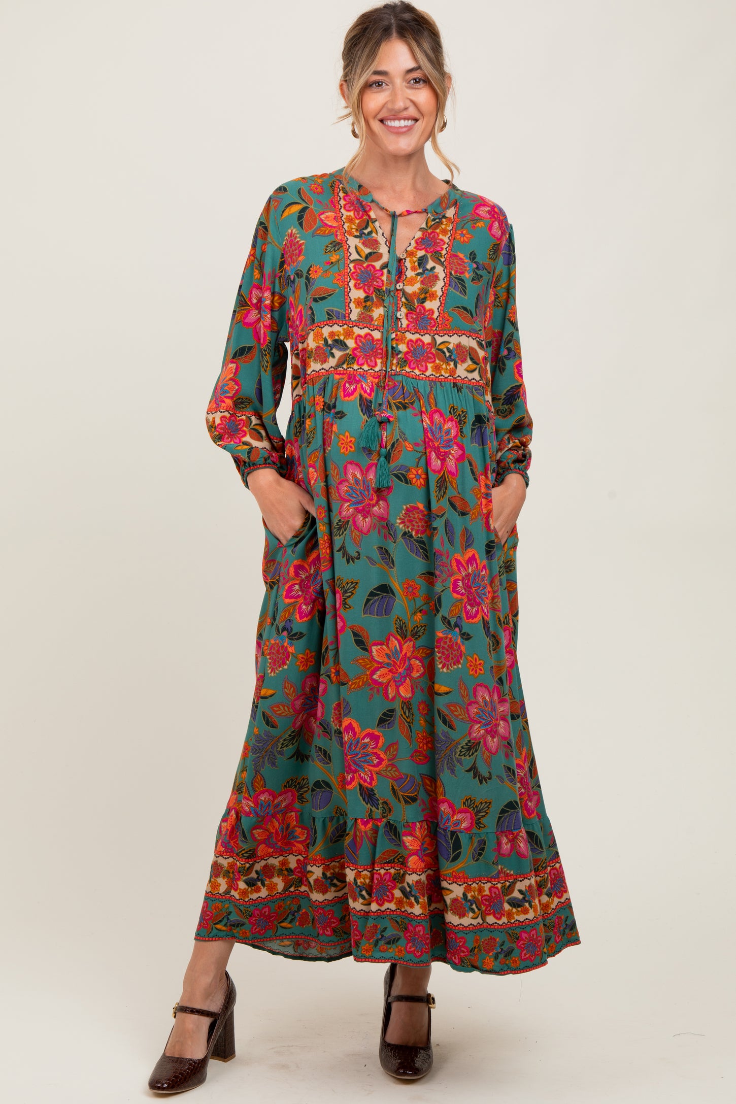 blue dress for baby girl Forest Green Floral Tassel Tie Long Sleeve Maternity Maxi Dress – PinkBlush
