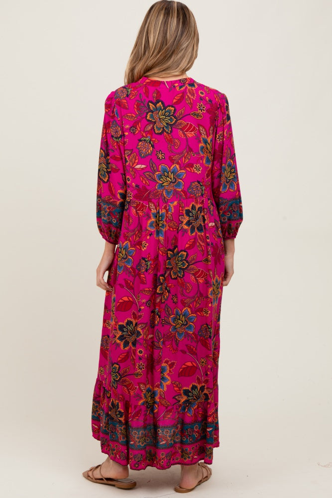 Magenta Floral Tassel Tie Long Sleeve Maternity Maxi Dress