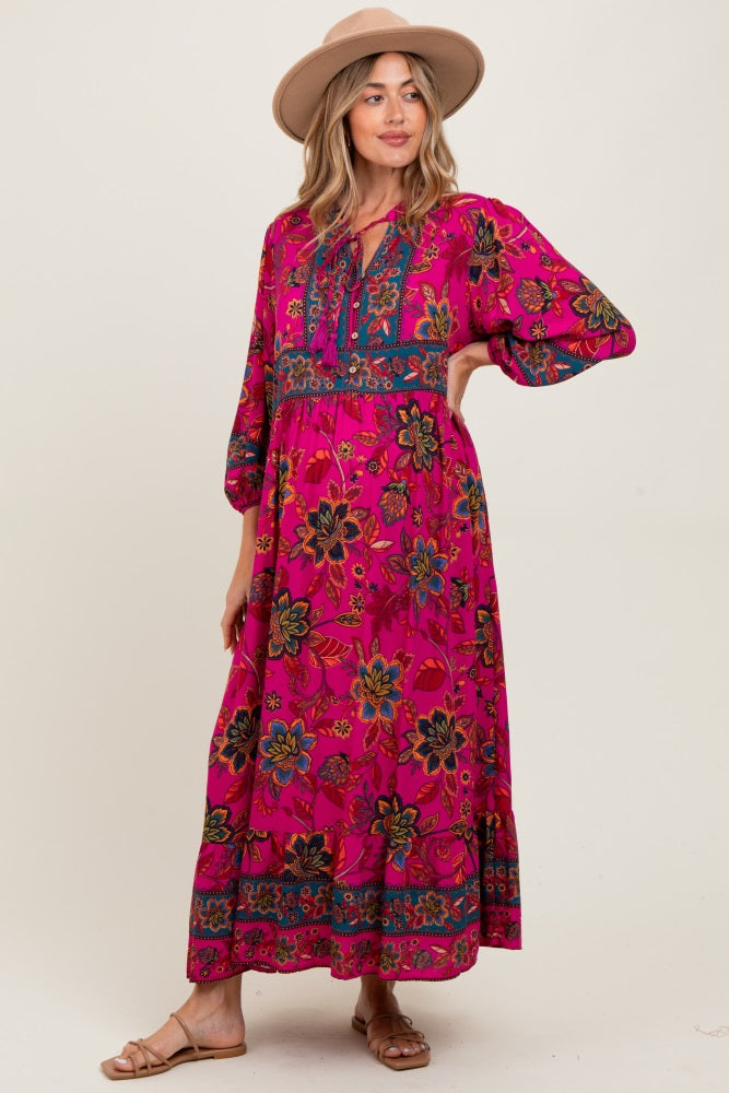 Magenta Floral Tassel Tie Long Sleeve Maternity Maxi Dress