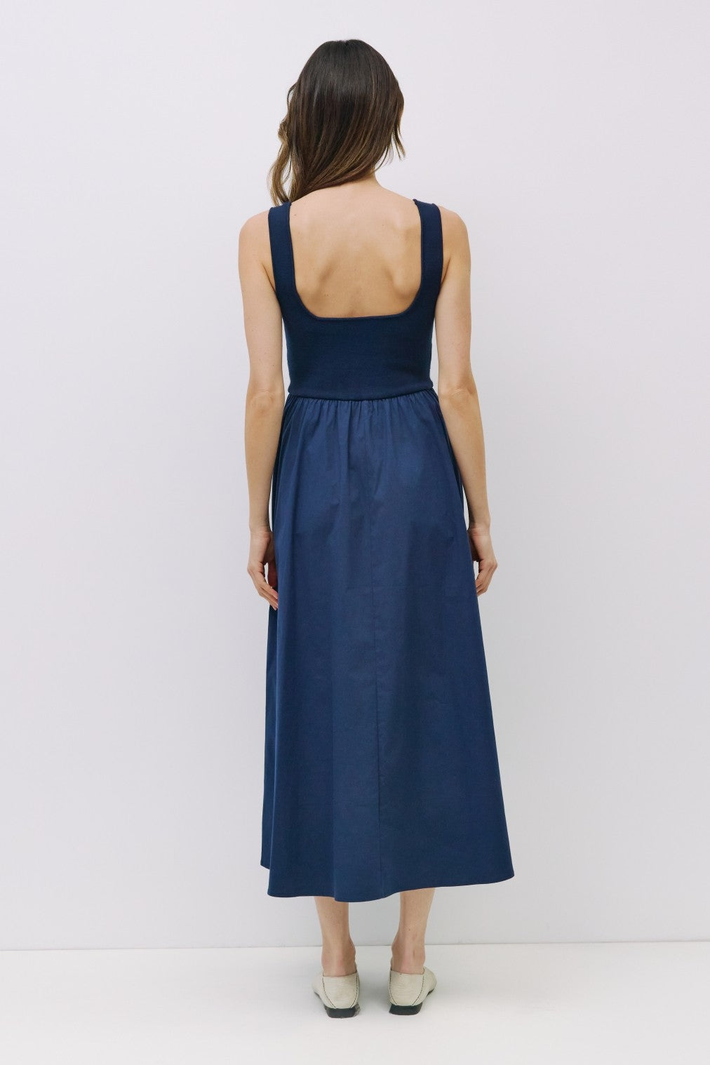 Navy Contrast Knit Poplin Sleeveless Midi Dress