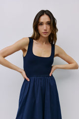 Navy Contrast Knit Poplin Sleeveless Midi Dress
