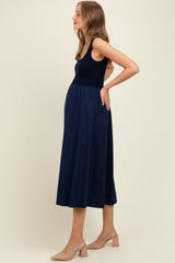 Navy Contrast Knit Poplin Sleeveless Maternity Midi Dress