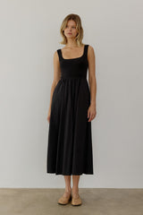 Black Contrast Knit Poplin Sleeveless Midi Dress