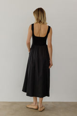 Black Contrast Knit Poplin Sleeveless Midi Dress
