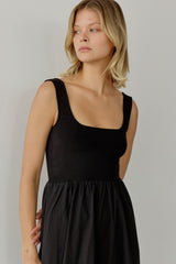 Black Contrast Knit Poplin Sleeveless Midi Dress