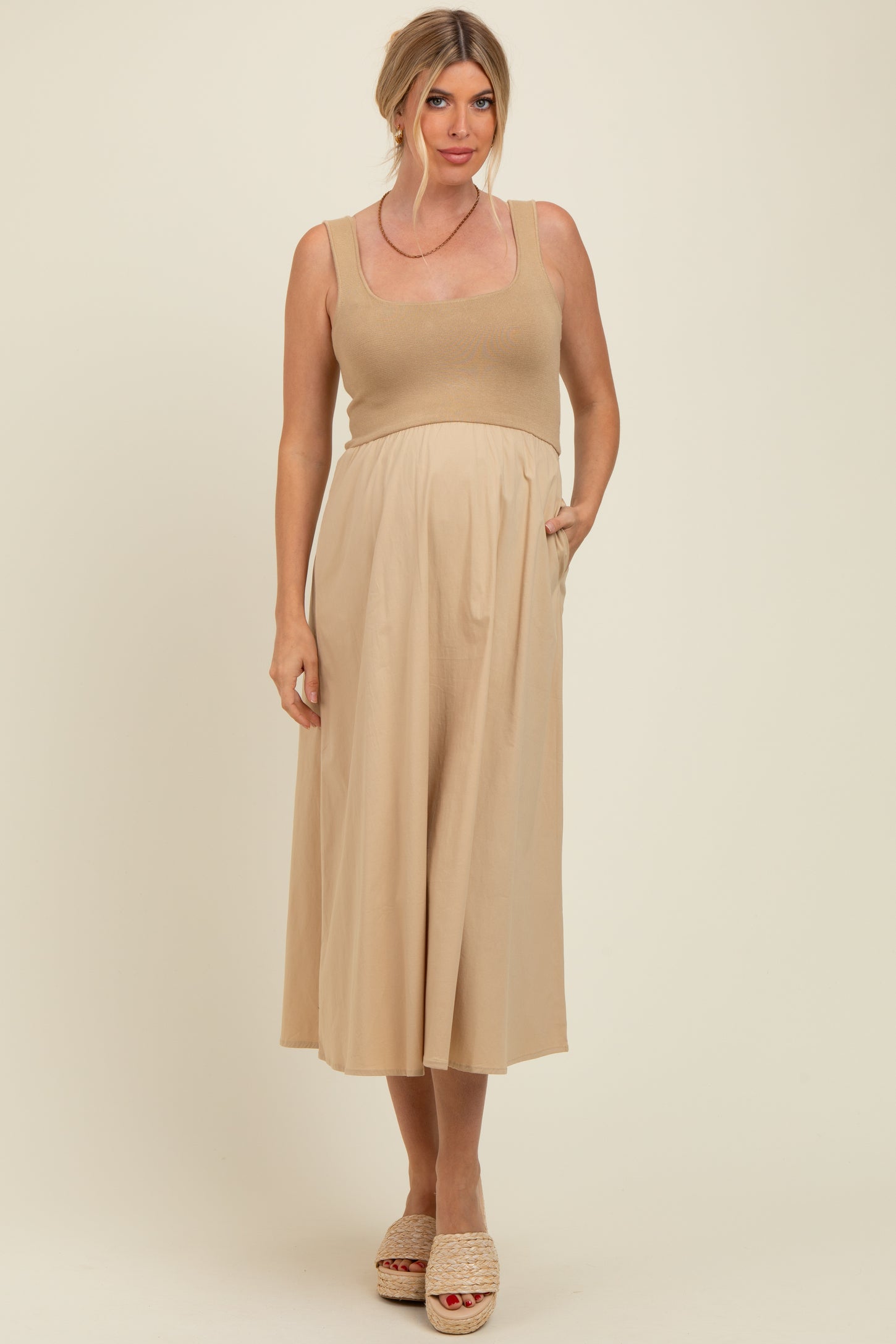 Light Camel Contrast Knit Poplin Sleeveless Maternity Midi Dress