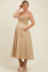 Light Camel Contrast Knit Poplin Sleeveless Maternity Midi Dress