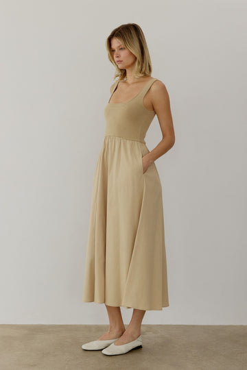 Light Camel Contrast Knit Poplin Sleeveless Midi Dress