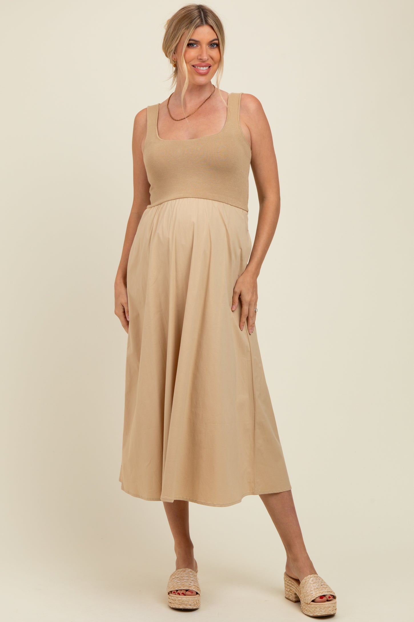 Light Camel Contrast Knit Poplin Sleeveless Maternity Midi Dress