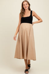 Beige Black Contrast Knit Poplin Sleeveless Maternity Midi Dress